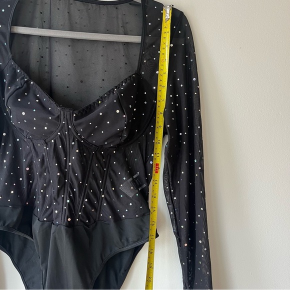 Shein Curve Black Rhinestone Mesh Long Sleeve Bodysuit Plus Size 1XL Holiday - Picture 12 of 12